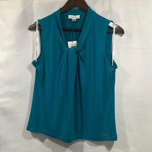 Calvin Klein Teal Sleeveless Blouse with Knotted Neckline – NWT